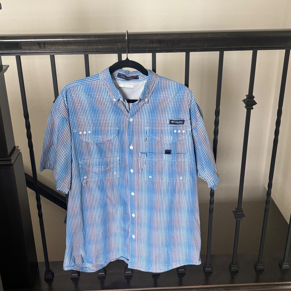 Columbia PFG Super Bonehead Blue Orange Plaid Fishing Short Sleeve Shirt Men's M